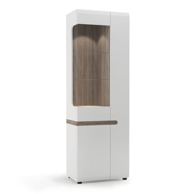 Chelsea Living Tall Glazed Narrow Display unit (RHD) in white with an Truffle Oak Trim