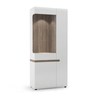 Chelsea Living Tall Glazed Wide Display unit (RHD) in white with an Truffle Oak Trim