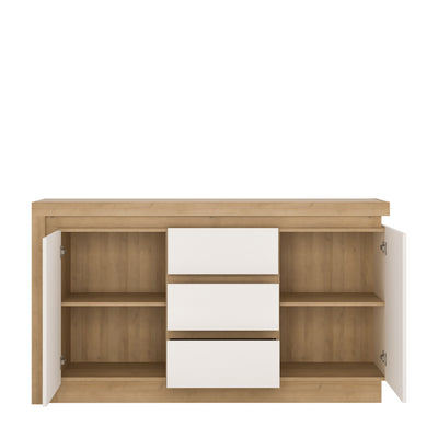 Lyon 2 door 3 drawer sideboard (including LED lighting) in Riviera Oak/White High Gloss