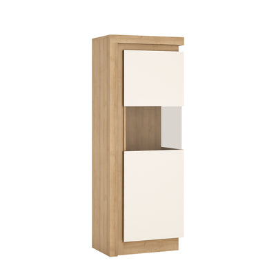 Lyon Narrow display cabinet (RHD) 164.1cm high (including LED lighting) in Riviera Oak/White High Gloss