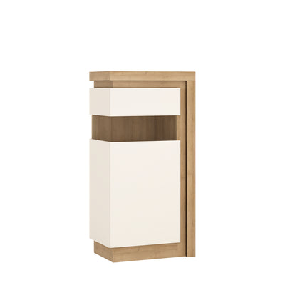 Lyon Narrow display cabinet (LHD) 123.6cm high (including LED lighting) in Riviera Oak/White High Gloss
