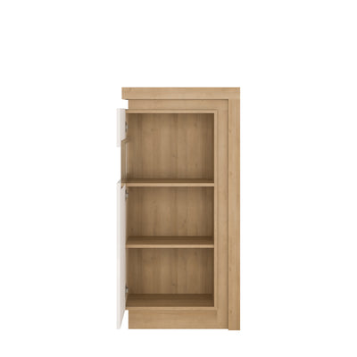 Lyon Narrow display cabinet (LHD) 123.6cm high (including LED lighting) in Riviera Oak/White High Gloss