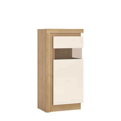 Lyon Narrow display cabinet (RHD) 123.6cm high (including LED lighting) in Riviera Oak/White High Gloss