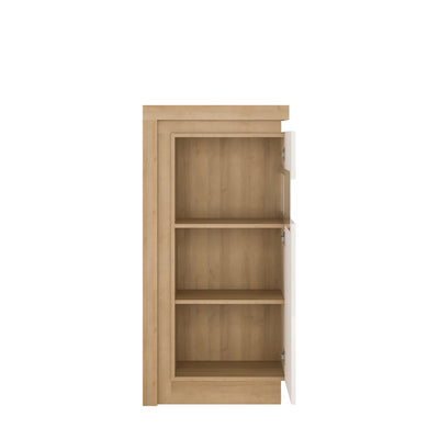 Lyon Narrow display cabinet (RHD) 123.6cm high (including LED lighting) in Riviera Oak/White High Gloss