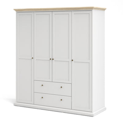 Paris Wardrobe with 4 Doors & 2 Drawers in White and Oak