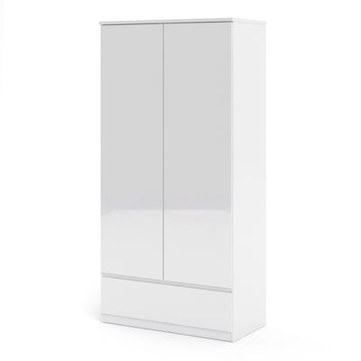 Naia Wardrobe with 2 doors + 1 drawer in White High Gloss