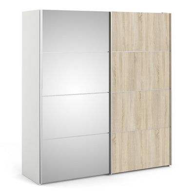 Verona Sliding Wardrobe 180cm in White with Oak and Mirror Doors and 5 Shelves