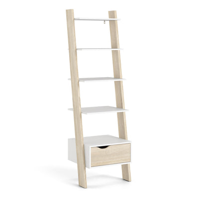 Oslo Leaning Bookcase 1 Drawer in White and Oak.