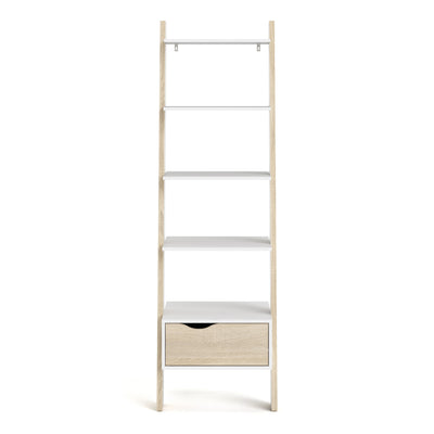 Oslo Leaning Bookcase 1 Drawer in White and Oak.