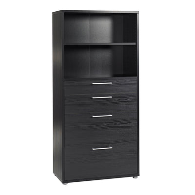 Prima Bookcase 4 Shelves with 2 Drawers + 2 File Drawers in Black woodgrain
