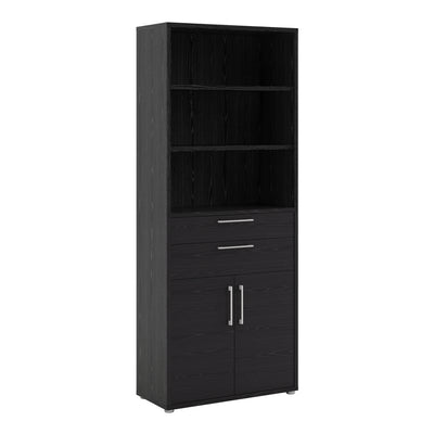 Prima Bookcase 5 Shelves with 2 Drawers and 2 Doors in Black woodgrain