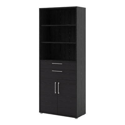 Prima Bookcase 5 Shelves with 2 Drawers and 2 Doors in Black woodgrain