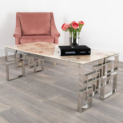 Marble Glass Silver Plated Coffee Table