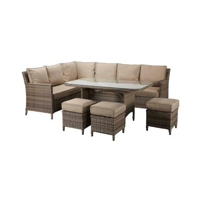 Frida Outdoor Rattan 9 Seater Corner Dining Sofa Set in Grey/Beige