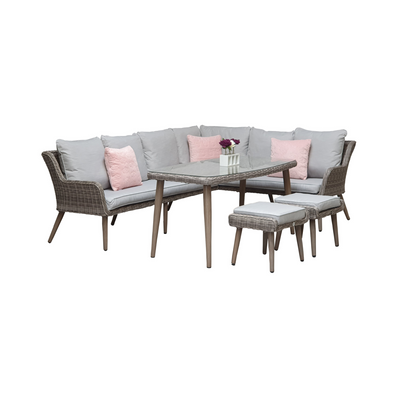 Harper Outdoor Corner Sofa Rattan Dining Set with 2 Ottomans in Grey