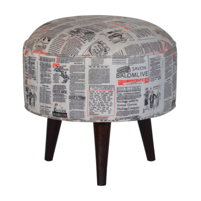 Round Footstool with News Print Velvet