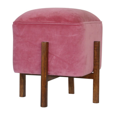 Pink Velvet Footstool with Solid Wood Legs