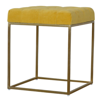 Mustard Velvet Footstool with Gold Base