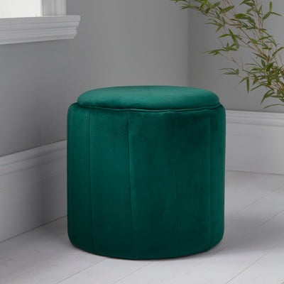 Round Deep Green Plush Stool